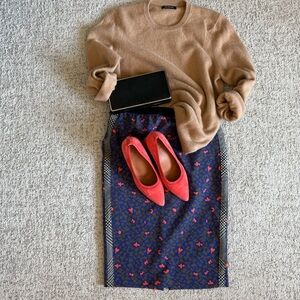 Neutral Cashmere + Statement Skirt Outfit Marc Cain Anthro Vibe